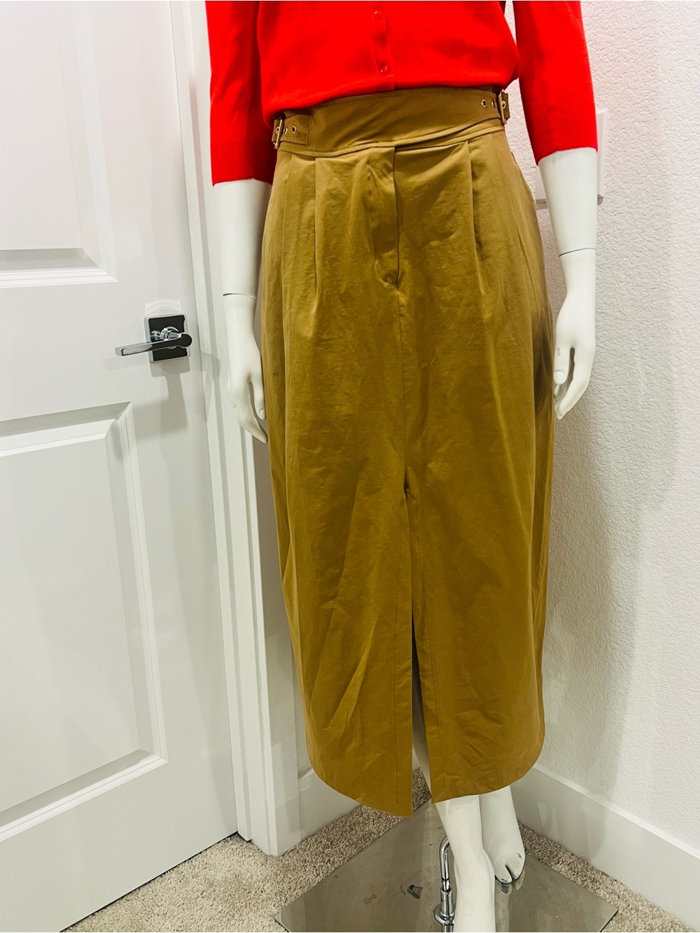 Zara Olive-Tan Midi Skirt with Front Slit